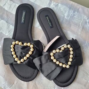NWT Victoria's Secret Embellished Satin Bow Slide Pearl-Heart Slippers M 8-8.5